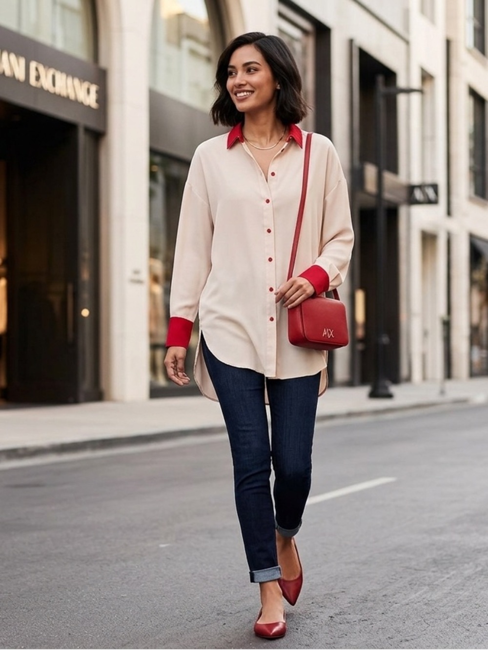 Armani Exchange AX Oversized Button Down Tunic Blouse Beige & Red Small